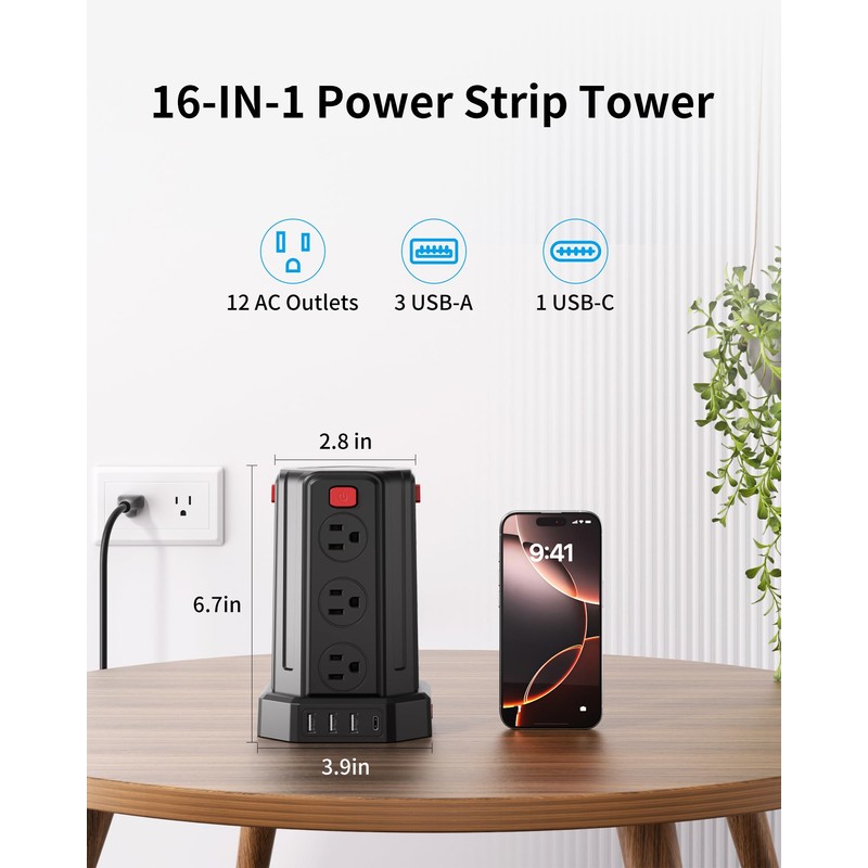 SMALLRT Power Strip Surge Protector, 6.5 Ft Extension Cord with