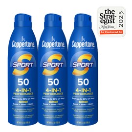 Coppertone Sport Sunscreen Spray SPF 50, Sweat, Heat and Water Resistant Sunblock, Lightweight, Oxybenzone Free, Spray Sunscreen Bulk Pack, 5.5 Oz Bottle, Pack of 3 (Packaging May Vary)