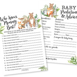 Woodland Baby Shower Games Género neutro – 2 juegos de doble cara, 25 juegos de baby shower mejor juego de baby shower para jugar, 25 tarjetas de predicción y consejos, juegos de revelación de género para invitados