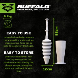 Buffalo Snake Toilet Plunger with Holder - Heavy Duty, Double Thrust, Powerful Pump - Bellow Design for Max Force - for Low Flow, Elongated & Square Bottom Loos - Grey