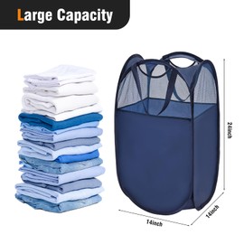 TECHMILLY Pop Up Foldable Laundry Basket, Mesh Laundry Hamper with Reinforced Handles for Dirty Clothes Storage in Dorm, Laundry Room, Bathroom, Blue(Fabric), 3 Pack