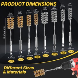Lainballow 16 Pcs Bore Brush Set, 304 Stainless Steel&Brass Wire Bore Brush for Drill, Twisted Cleaning Brush with 1/4" Hex Shank,5 Inch Abrasive Wire Brush for Power Drill Cleaning,7/8,3/4,1/2,3/8''