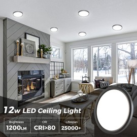 zemty 6Pack LED Ceiling Light Fixture 6.5 Inch, 12W 1200lm Ceiling Mount Light Fixtures, Adjustable 3000K 4000K 6500K, Round Flat Ceiling Lamp for Bathroom Closet Hallway Laundry (Black)