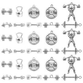 Ornazy 50 pcs 10 Styles Wholesale Bulk Lots Sports Charms Antique Silver Gym Dumbbell Charms for Jewellery Making Necklace Bracelet and Crafting