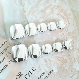 Silver Chrome Press on Toes Nails Short Fake Toenails Square Shaped Glue on Toenails with Electroplated Silver Designs Short False Nails Glossy Acrylic Toe Nails Black Tip Stick on Toenails for Women