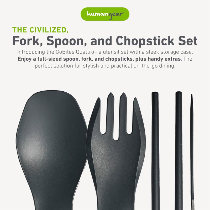 humangear GoBites QUATTRO Gray (Cutlery Set with Spoon, Fork, Chopsticks,