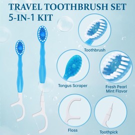 SUPENEGY 20pcs 5 in 1 Disposable Mini Toothbrush with Toothpaste + Floss + Pick + Tongue Scraper | Travel Size | Individually Wrapped | Soft | Mint | Travel Set | Oral Care (2)