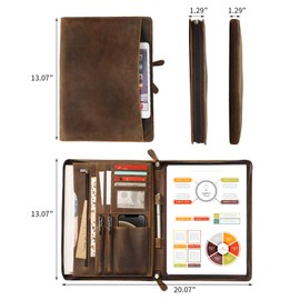 Ringsun Genuine Leather Portfolio Binder for Men Women, Leather Padfolio with Zipper Business Resume Portfolio for A4/Pad/Phone, Leather Portfolio Folder Organizer with Writing Pad, Brown, RS63