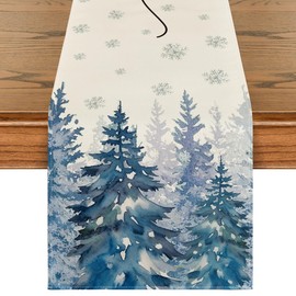 Artoid Mode Ink Wash Painting Christmas Trees Hello Winter Table Runner, Seasonal Pine Kitchen Dining Table Decoration for Home Party Decor 13x108 Inch
