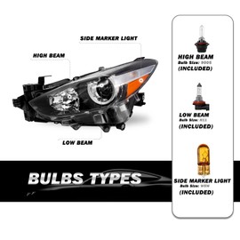 SOCKIR Headlight Assembly Fit for 2017 2018 Mazda 3 Sedan 4-Door OE Style Projector Headlamp Replacement Bulbs Included Passenger and Driver Side