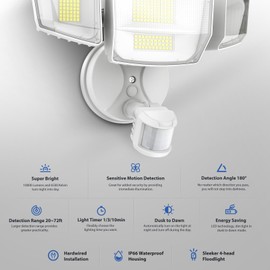 Onforu 90W 10000LM LED Motion Sensor Outdoor Lights, 4-Head Dusk to Dawn Outdoor Lighting, Hardwired Flood Lights, IP66 Waterproof 6500K Security Floodlight for Outside (White)