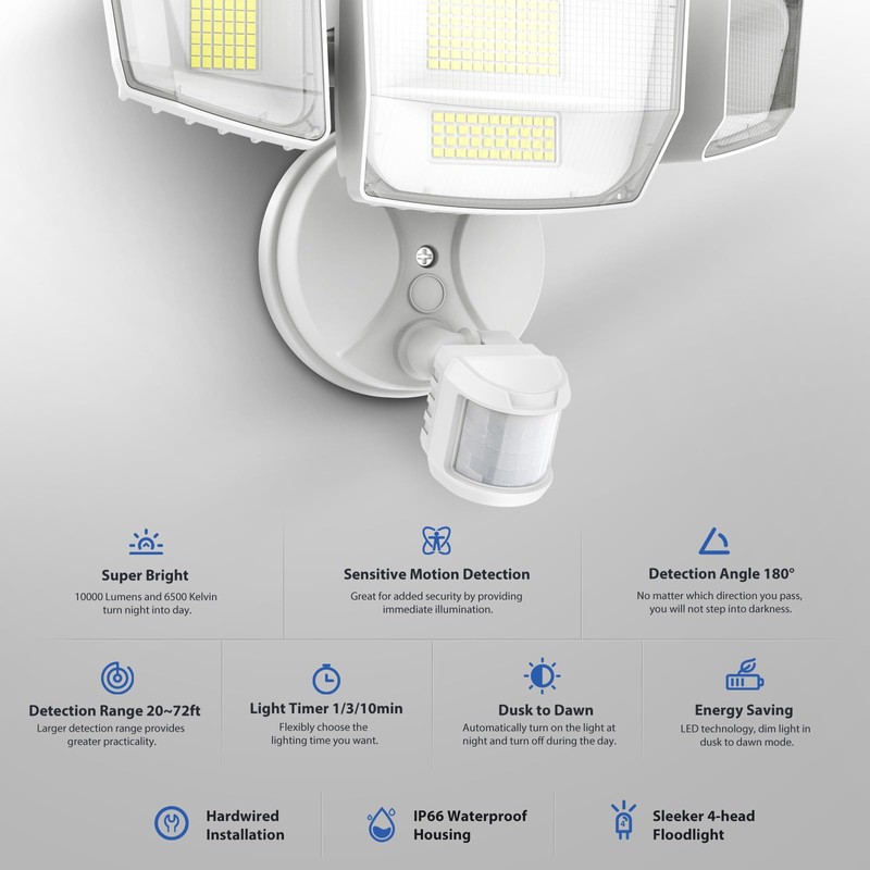 Onforu 90W 10000LM LED Motion Sensor Outdoor Lights, 4-Head Dusk