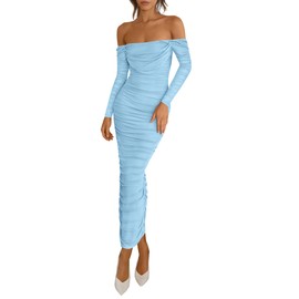 PRETTYGARDEN Womens 2025 Fall Long Sleeve Maxi Dress Off Shoulder Mesh Ruched Bodycon Trendy Long Wedding Guest Dresses (Light Blue,Small)