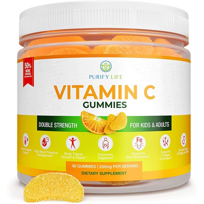 Vitamin C Gummies for Adults & Kids (Bulk 90 Gummies) Double Strength Immune Support - Chewable, Vegan, Gelatin Free, Gluten Free - Defense Booster Supplement Replaces Capsules, Pills, Tablets & Syrup