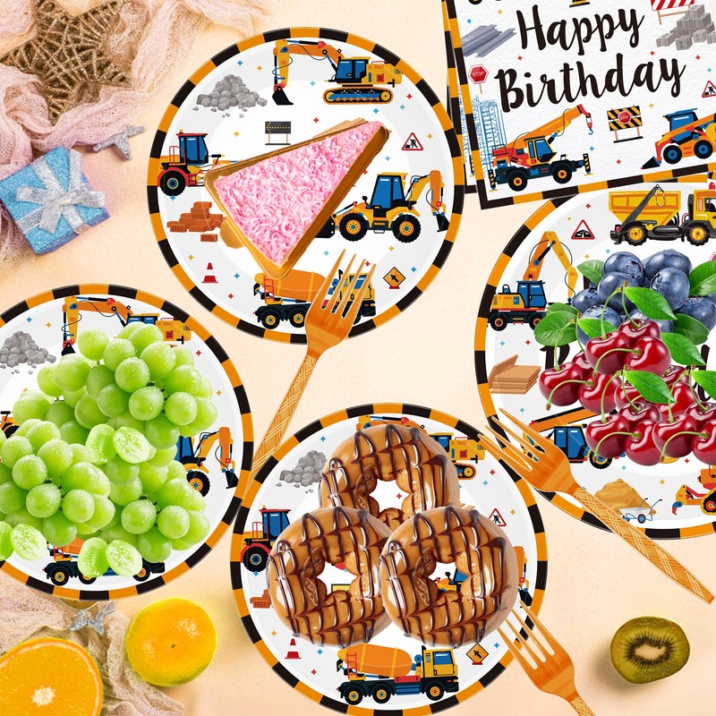 96Pcs Construction Birthday Party Supplies, Construction Plate & Napkin, Truck