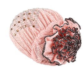 Retzjorv Women Lace Turban Hat Rhinestone Flower Stretchy Beanie Islamic Muslim Hijab Cap Bonnet Chemo Cap African Head Wrap (Pink)