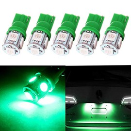 ECCPP License Plate Light 5x T10 LED Bulbs Wedge Green 5-SMD 5050Chipsets194 168 W5W 175 2825 161 LED Bulbs License Plate Lamp LED Light Bulbs