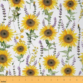 Sunflower Upholstery Fabric for Chairs, Cute Rustic Floral Print Outdoor Fabric by The Yard, Farmhouse Blossom Flowers Decorative Fabric for Upholstery and Home DIY Projects, 1 Yard, White Yellow