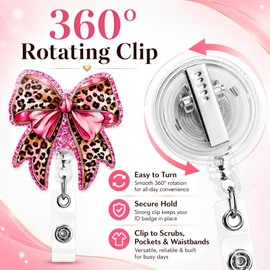 Pink Bow Badge Reel Holder Retractable ID Card Name Badge Clip with Leopard Pattern for Nurse Teacher Employee