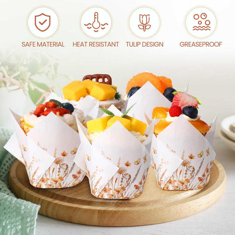 Maxdot 200 Pcs Fall Floral Tulip Cupcake Liners for Baking