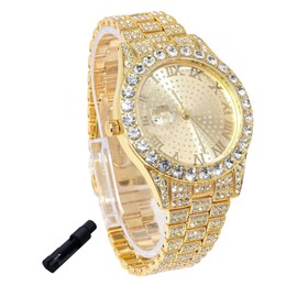 Genkigold Gold Diamond Watch for Teen Boys - 43mm Roman Numerals Round Dial - 18K Real Gold Plated 8" Strap - Includes Adjuster Tool