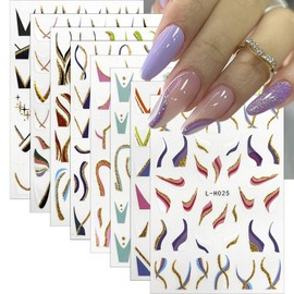 French Tip Nail Stickers 8 Sheets 3D Self-Adhesive Gold Glitter Lines Nail Art Stickers Colorful Waves Curve Strips Nail Design Decals Acrylic Nail Art Supplies for Women DIY French Nail Tips
