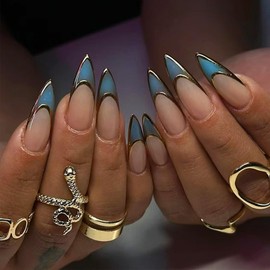 Gold 3D French Tips Press on Nails Blue Gradient False Nails 3D Gold Curve Line Gel Glue on Nails Medium Almond Glossy Ombre Acrylic Fake Nails French Stick on Nail for Coquette Women Girls 24Pcs