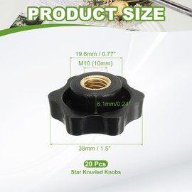 YELARXI Clamping Nuts Knob Plastic Screw-On Copper Star Knobs Knurled M10 Female Threaded Hexagon Head, 1.5 Inch Head Diameter Fit for Lawn Mower Handle Machinery (20 Pack, Black)