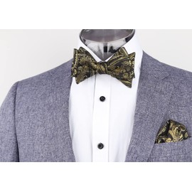 Alizeal Mens Paisley Jacquard Self Tied Bow Tie Pocket Square Set (Black+Gold)(Size: One Size)