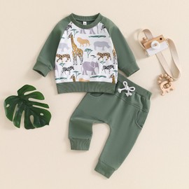 BemeUSWT Toddler Baby Boy Clothes Dinosaur Print Crewneck Sweatshirt Long Sleeve Pullover Tops + Drawstring Pants With Pockets 2 Piece Fall Winter Outfit Set Casual Tracksuit (Green A, 18-24 Months)