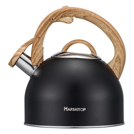 Tea Kettle for Stove Top, Food Grade Stainless Steel Whistling Teapot with Wooden Anti-Hot Handle, 2.6Quart (Black)