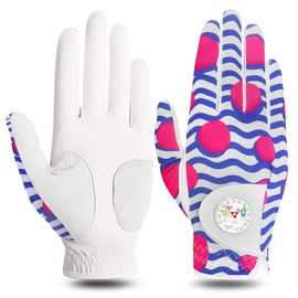 Golf Gloves Women Right Hand Half Finger Leather with Bling Ball Marker Value Pack, Colored Glove for Left Handed Golfer All Weather Grip (Half-Colored Stripes, Large, Right)