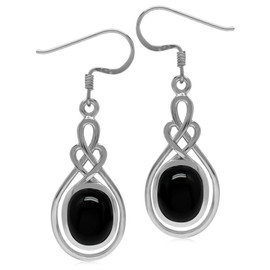 Silvershake 10X8mm Genuine Oval Shape Black Onyx 925 Sterling Silver Celtic Heart Knot Dangle Hook Earrings