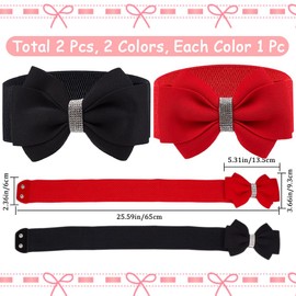 CRASPIRE 2 Colors Elastic Bow Belts Black Red Cloth Bowknot Stretch Sash Tie Elastic Chain Waist Belt Band Vintage with Synthetic Rhinestone for Women Ladies Wedding Trench Coat Overcoat Decorative