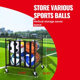 Happybuy Rolling Sports Ball Storage Cart, Lockable Basketball Cage with Elastic Straps, Steel Organizer for Indoor and Outdoor Use in Gyms, Garages, and Schools