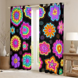 Retro Floral Boho Darkening Dreapes Vintage Groovy Flower Blackout Curtains Hippie Flowers Bohemian Curtains for Bedroom Living Room Kids Psychedelic Floral Window Treatments (2 Panels, 38 x 45 Inch)