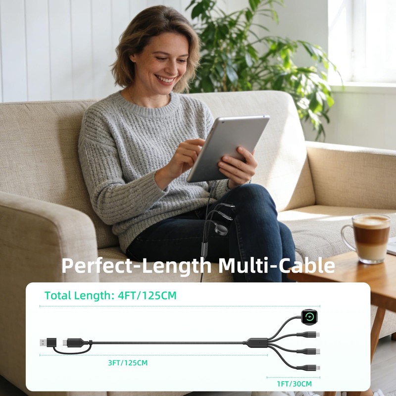 A-Pce 4-in-2 Multi Charging Cable with Smartwatch Charging, Black-4FT