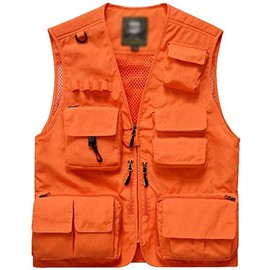 Mens Utility Casual Fishing Vests Outdoor Work Vest Multi Pockets Cargo Vest Travel Hunting Camping Tactical Outerwear (Orange, XX-Large)