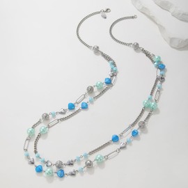 Bocar Beaded Necklace, 2 Layer Long Link Chain Necklace Crystal Beads for Women, Choker Jewelry Gift (NK-10689-Aqua Blue)