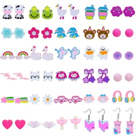 NEWITIN 30 Pairs Colorful Cute Earrings for Women Sensitive Ears Hypoallergenic Womens Stud Earrings Set Stainless Steel Cartoon Stud for Women