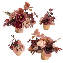 Ling's Moment Burgundy & Dusty Rose Artificial Flowers with Vase Wedding Decor Centerpiece Flower Potted for Ceremony Reception Tabletop Desk Flowers Mantel Archway Aisle, Fake Flowers Set of 4