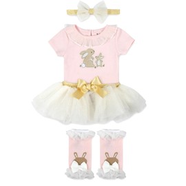 Baby Essentials Infant Girls 4 Piece Easter Bunny Bodysuit, Tutu Skirt, Leg Warmers and Headband Hairbow (4 Piece Easter Bunny, 3 Months)