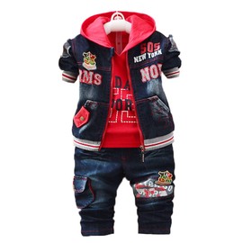 Yao Spring Autumn Boys 3pcs Clothing Set Cotton Shirt Jeans Denim Jacket(Blue,3-4y)