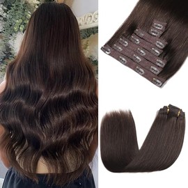 Extensiones de cabello con clip, cabello humano real, extensiones de cabello castao oscuro, cabello humano real, extensiones con clip, 7 piezas,...   