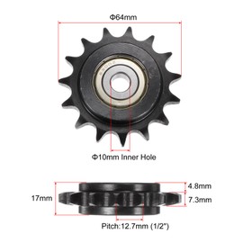sourcing map 2pcs DIN(ISO) 08B Roller Chain Idler Sprocket 10mm Bore, 1/2" Pitch, Hardened 15 Tooth Tensioner Sprocket, Insert Single Bearing (B Type)