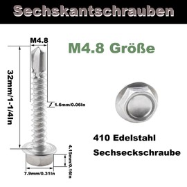 Fajoeda 4.8 x 32 mm Hexagonal Self-Drilling Screws, 40 Pieces 410 Stainless Steel Self-Tapping Screws with Plastic Washers High-Strength Fast Sheet Metal Screws (16 mm to 38 mm Available)