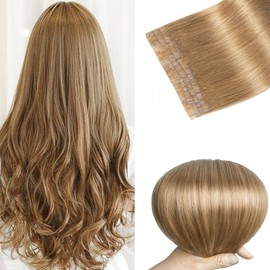 Tape in Brazilian Human Hair Extensions 100% Remy Human Hair Glue in Extensions Balayage Seamless Silky Straight Skin Weft Hair(24Inch #Golden Brown 20pcs 70g)