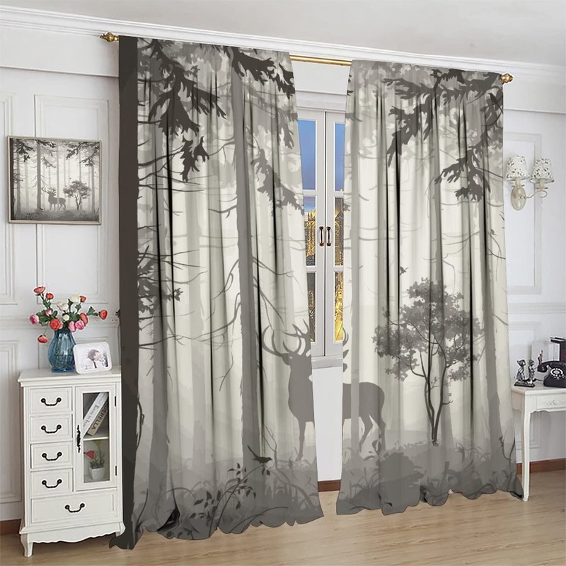 Deer Blackout Curtain,Grey Misty Forest Rustic Wildlife Moose Mountain Elk