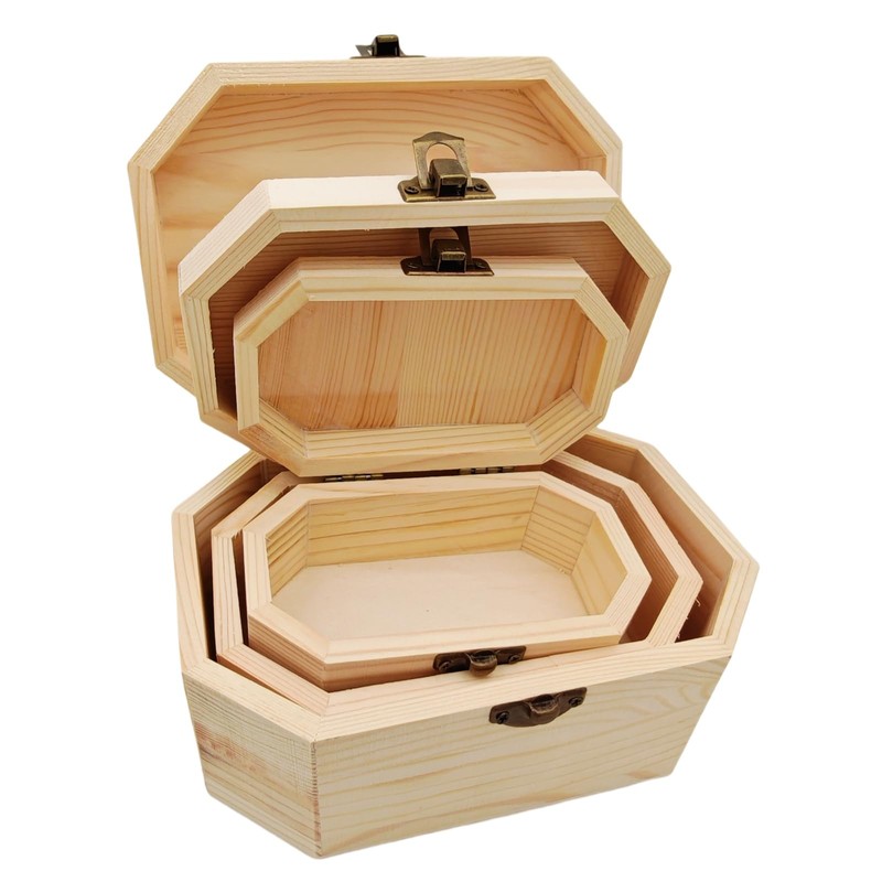 Anktily 3 Pack Wood Treasure Chest, 3 Size Unfinished Wooden