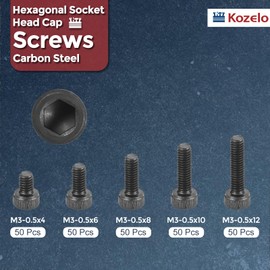 Kozelo 250pcs M3 Socket Head Cap Screw Bolt Nut Assortment Kit - [M3x4/6/8/10/12mm] Alloy Steel with Full Threaded Black Oxide 12.9 Internal Hex Screws for 3D Printer